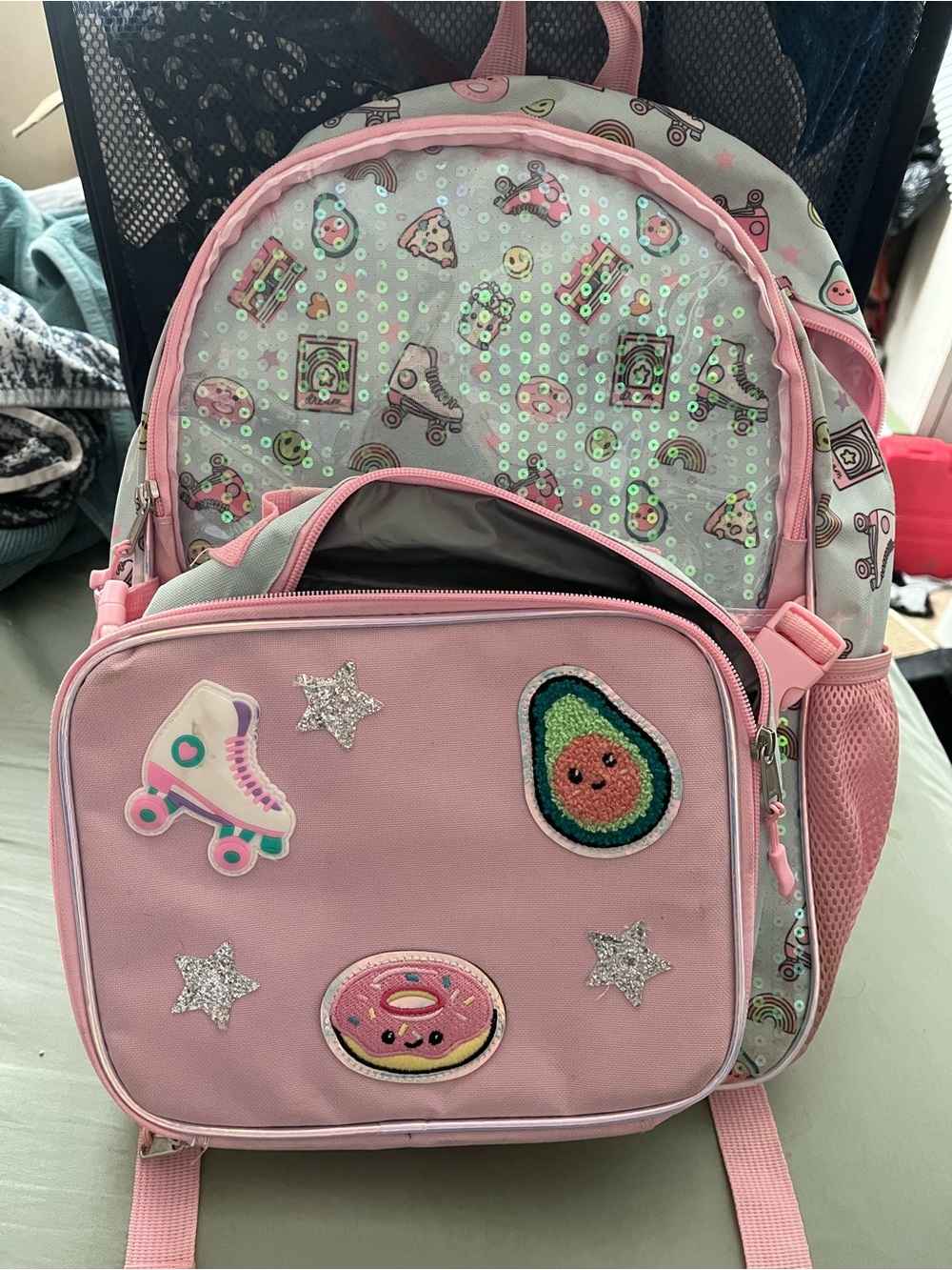 Target Pink Kids Backpack with Sequins, Avocado & Roller Skate Patches